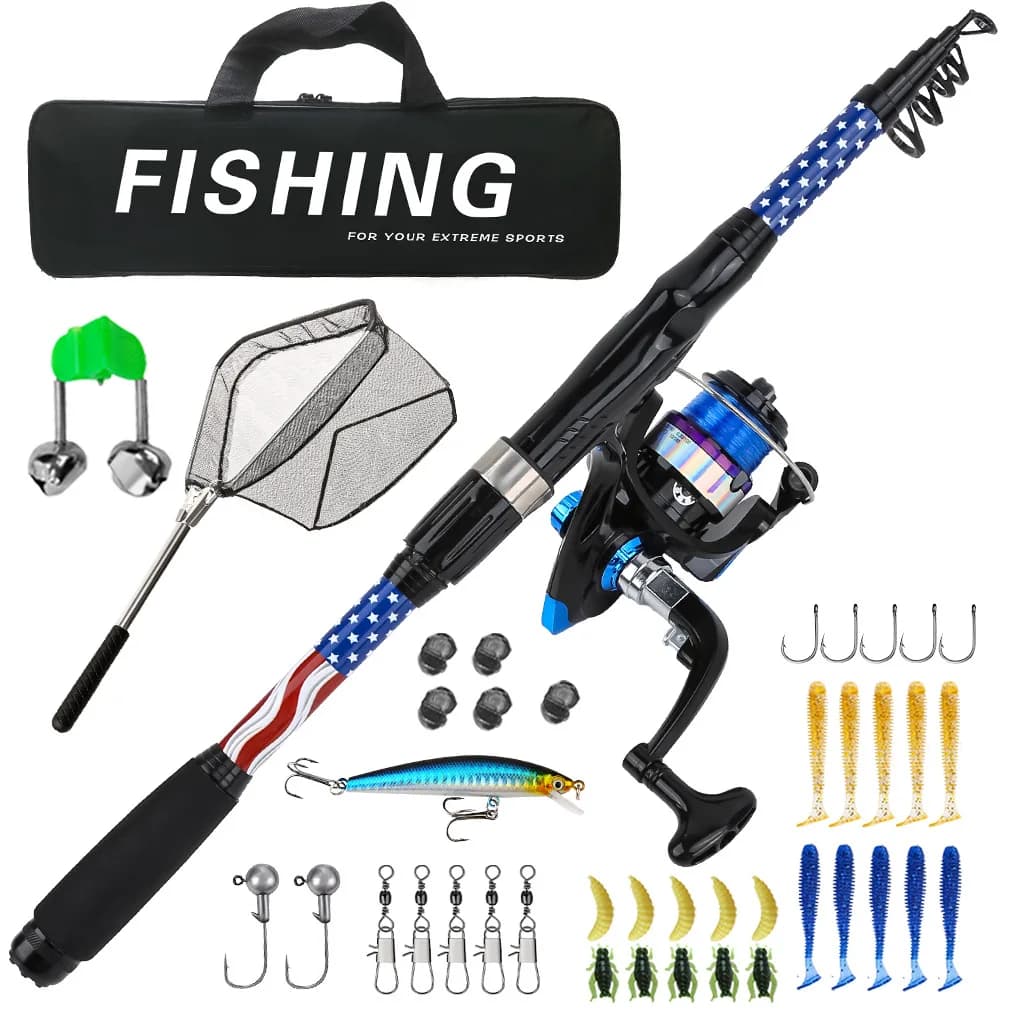 Telescopic Fishing Rod Spinning Reel Set Hook Fishing Tackle Bag Soft Bait Minnow Net Tools