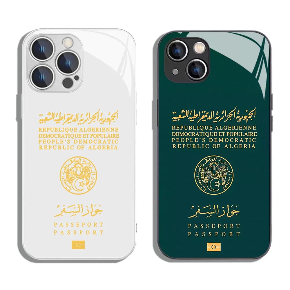 Custodia per telefono color metallizzato per passaporto Algeria per iPhone X XR XS 16 15 14 13 12 Mini 11 Pro Max 7 8 SE20 Plus Cover rigida in vetro