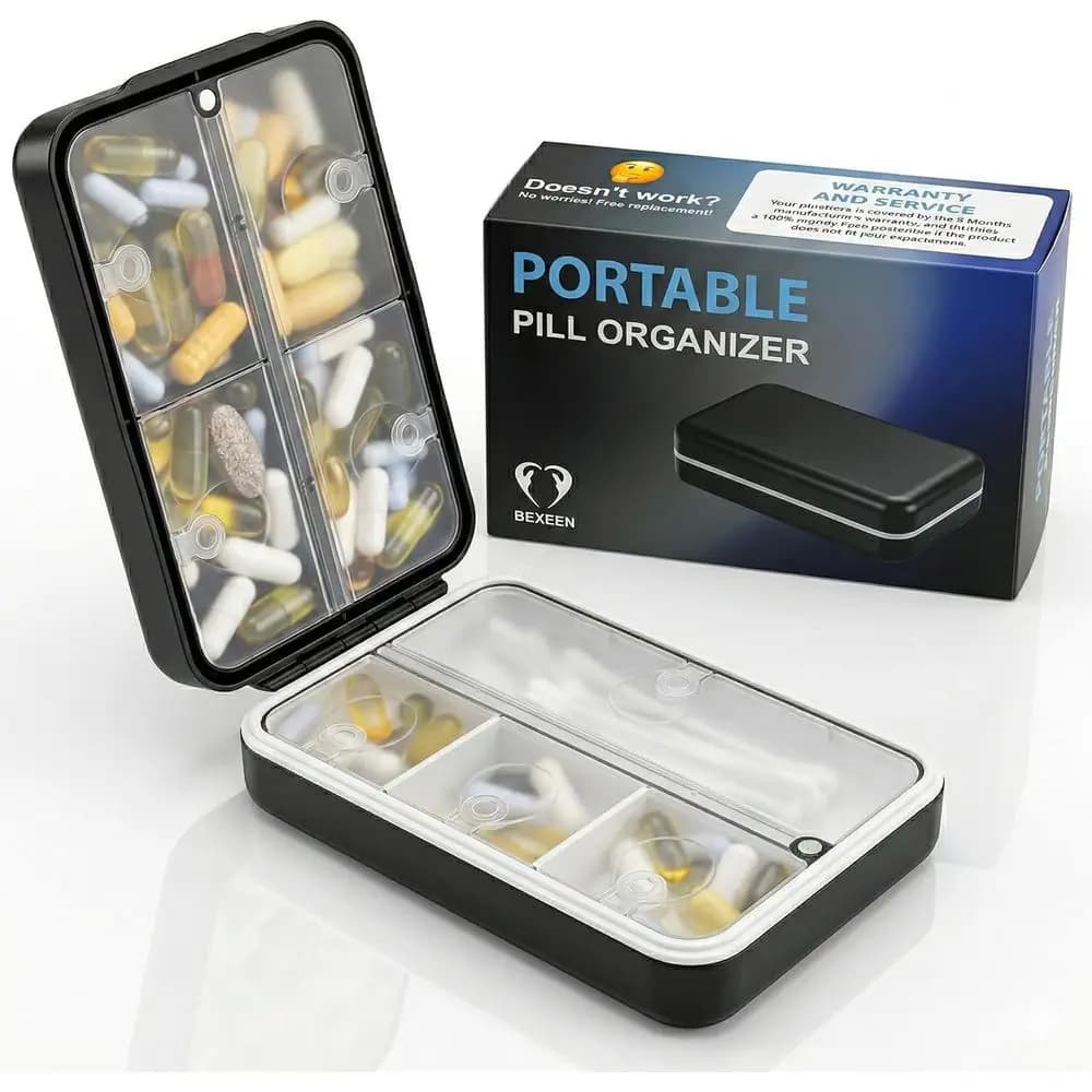 Organizzatore per Pillole con Chiusura Magnetica - Portapillole a 8 Scomparti per Pillole, Vitamine e Integratori, Scatola Portatile per Medicinali per Uso Quotidiano
