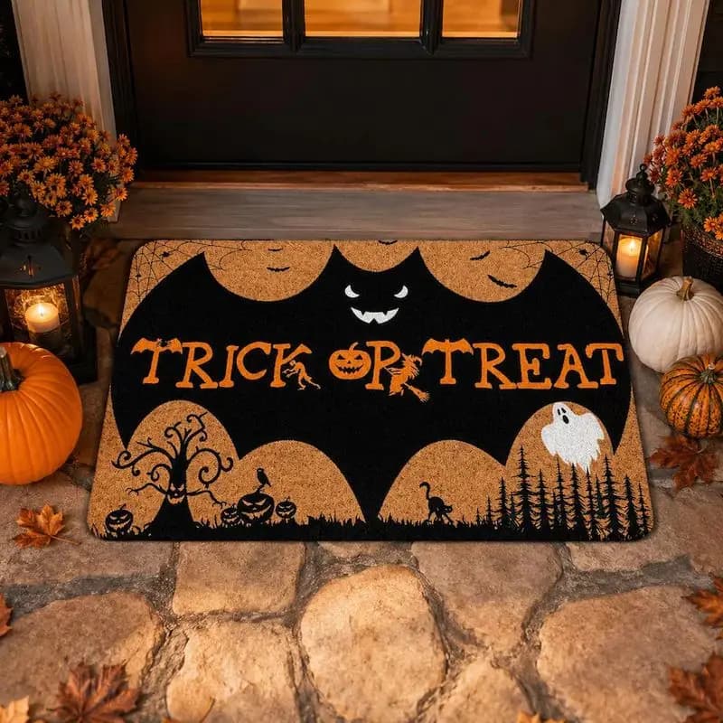 VIKAMA Trick Or Treat Bat Ghost Pumpkin Doormat Non Slip Waterproof Halloween Front Door Porch Holiday Decor Floor Mat