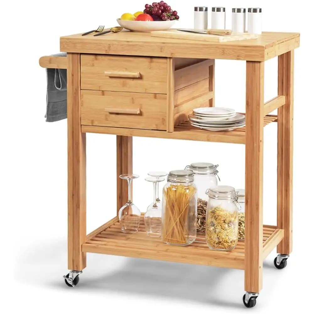 Rolling Bamboo Kitchen Island with Lockable Wheels, 2 Drawers, Open Shelf, and Towel Bar
