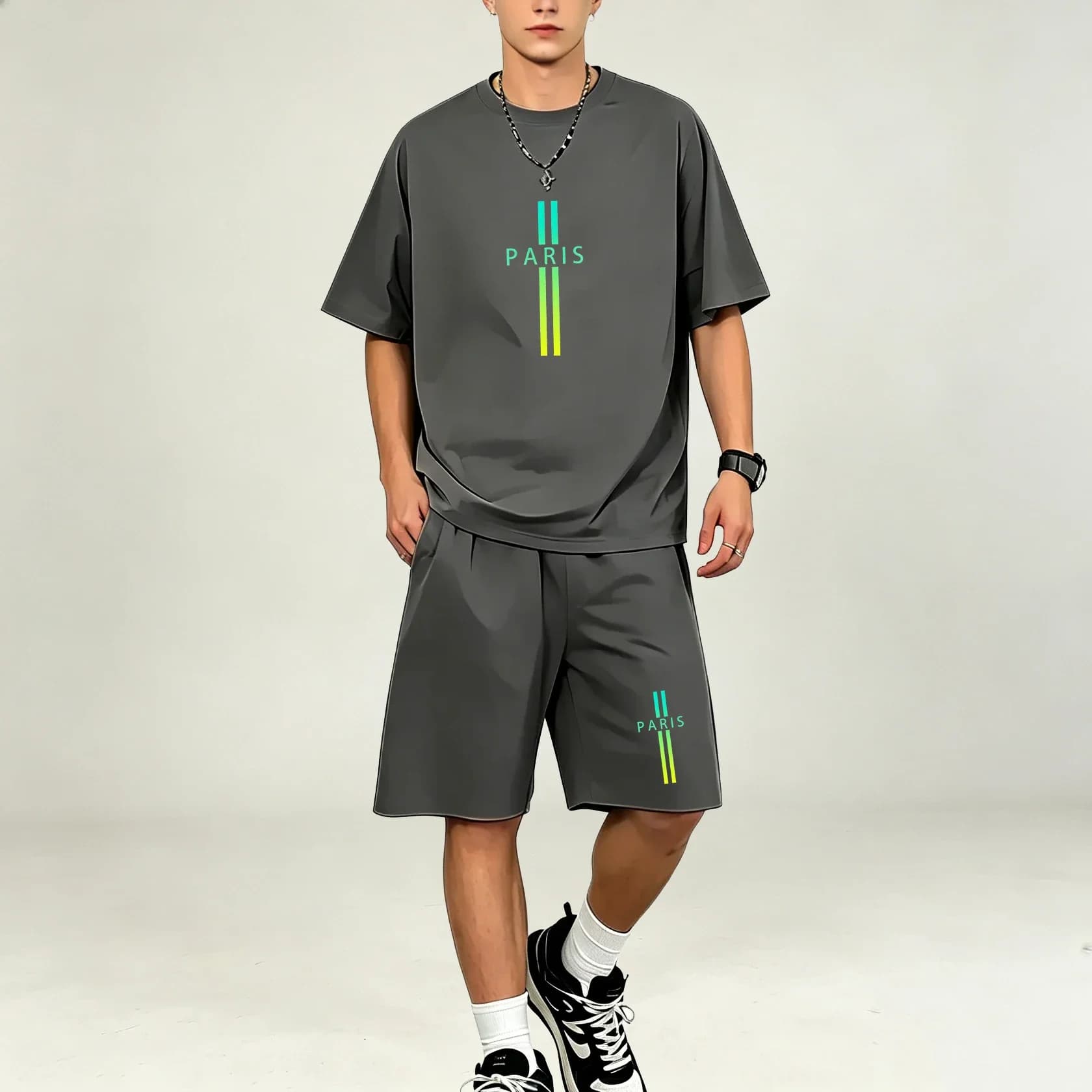 New Men T‑Shirts Sets Quick Dry Two Piece Athleisure Short Sleeve Tee Loose Training Shorts Moisture Wicking Breathable For Male