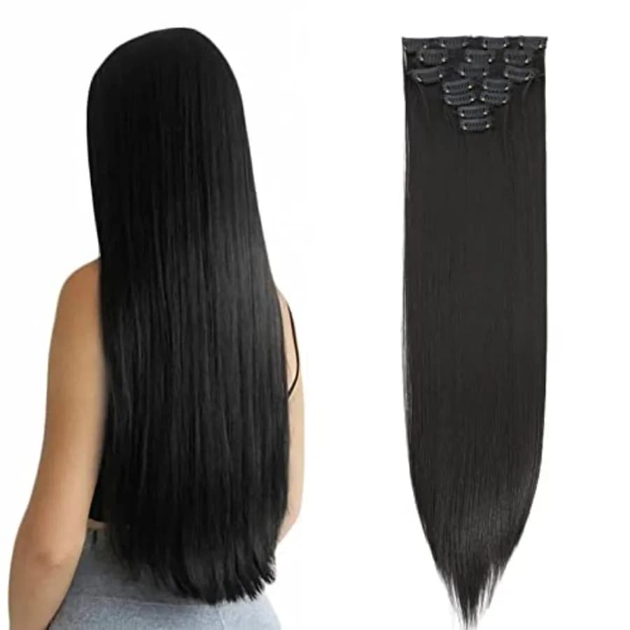 Straight Clip In Hair Extensions 24 Inches for Black Women, 7 Pieces/Set Hairpieces Heat Resistant Synthetic Fiber Double Weft