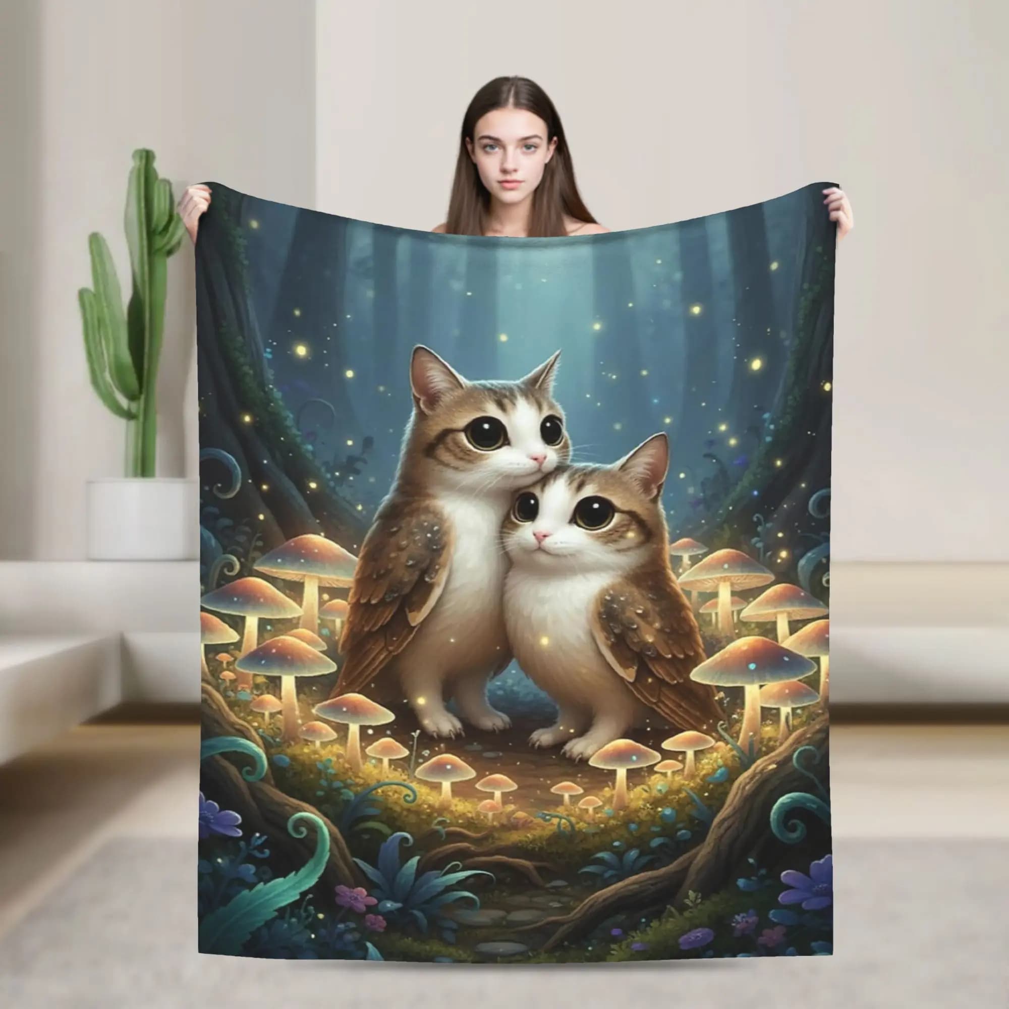 Warm Comfy Blanket Camping Two Meowls in Glowing Mushroom Ring Throw Blanket Trend Bedspread For Home Decor