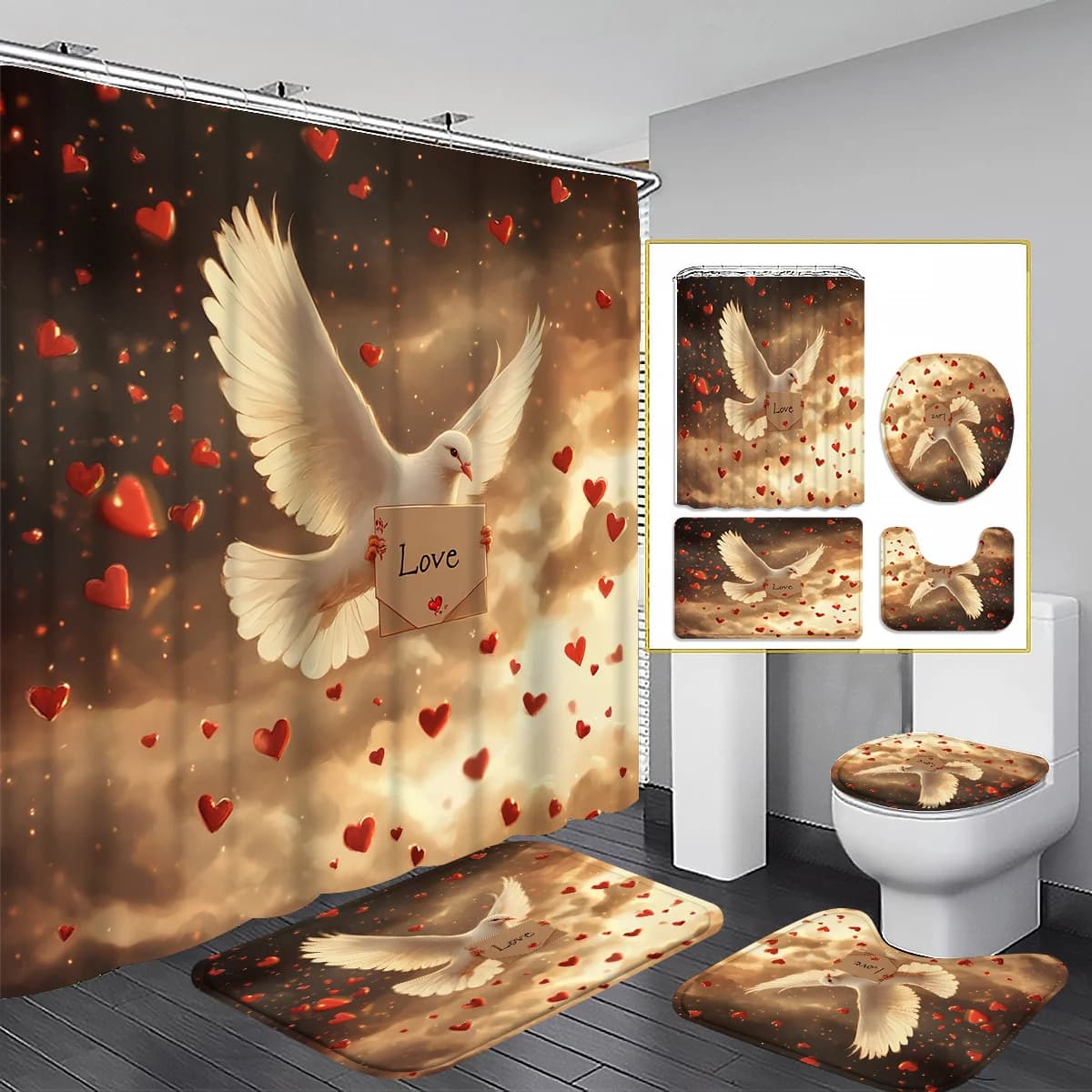 4 pezzi bellissimo cuore rosso amore messenger modello colomba bianca set di tende da doccia tenda da bagno, decorazione per il bagno tenda da doccia