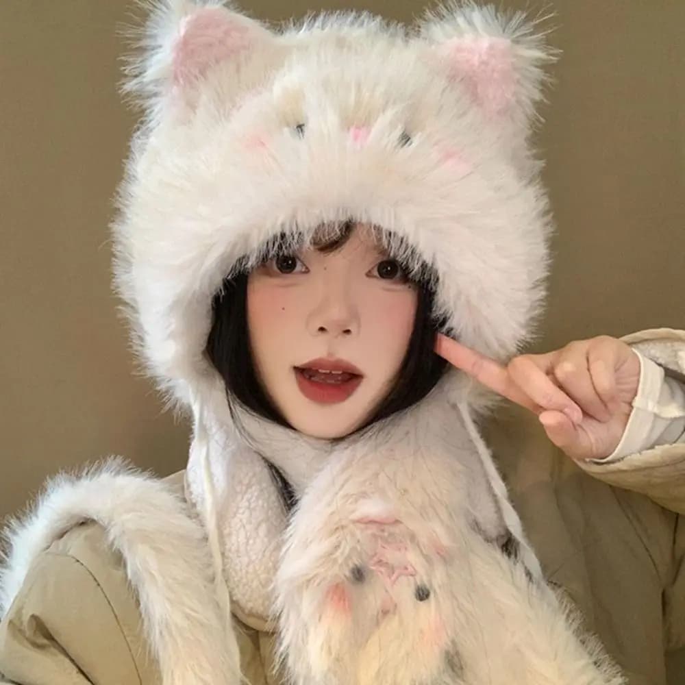 Cute Soft Faux Rabbit Fur Scarf Thicked Fluffy Windproof Scarf Cartoon Cat Neck Collar Girls Gift