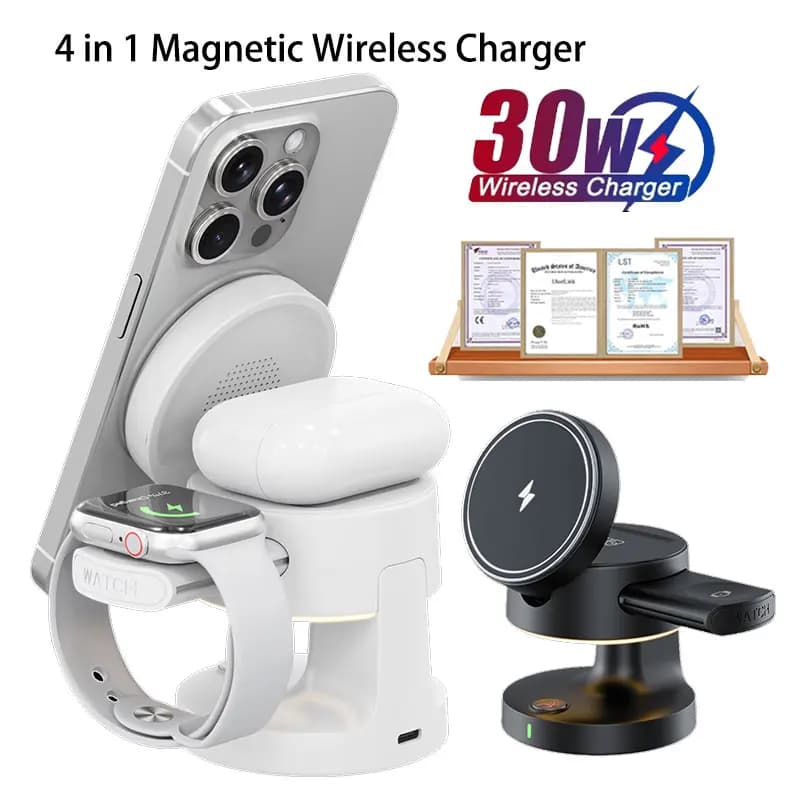 Caricatore Wireless Magnetico Pieghevole 4 in 1 Qi2 da 30W 2026 per iPhone 17-12, Apple Watch, Samsung S24 S22 S20 - Dock di Ricarica Rapida