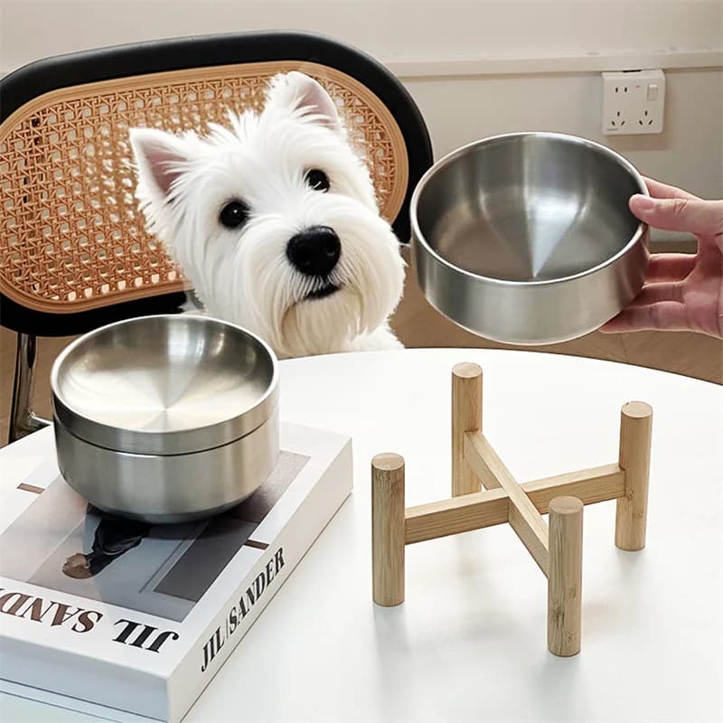Raised 304 Stainless Steel Pet Bowl with Wood Stand Cat Dog Food Water Bowl Feeder for Small Medium Pets Reduce Neck Strain