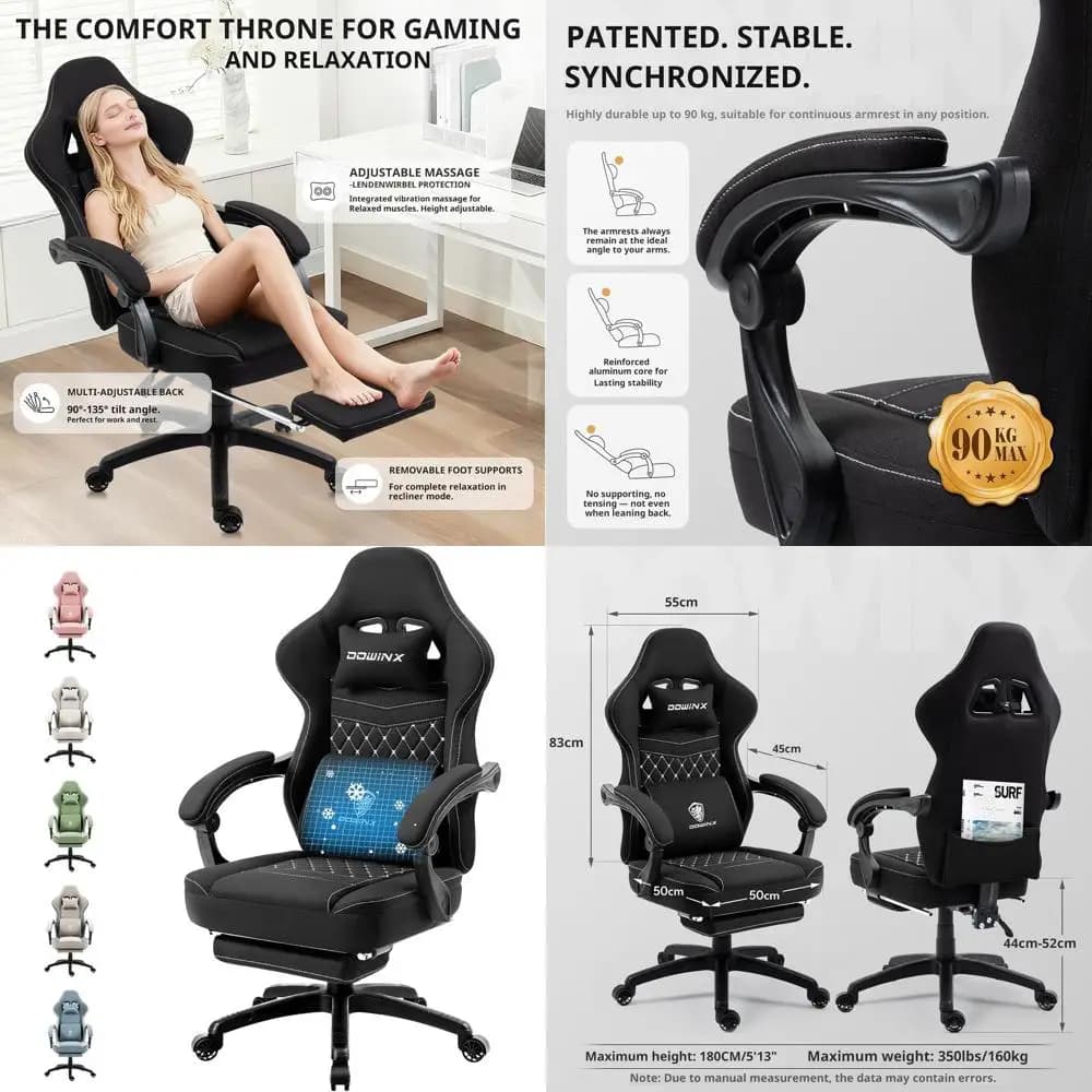 Sedia da Gaming in Tessuto Traspirante con Cuscino in Gel, Borsa Portaoggetti e Poggiapiedi, Comfort Ergonomico per Giocatori, Nera