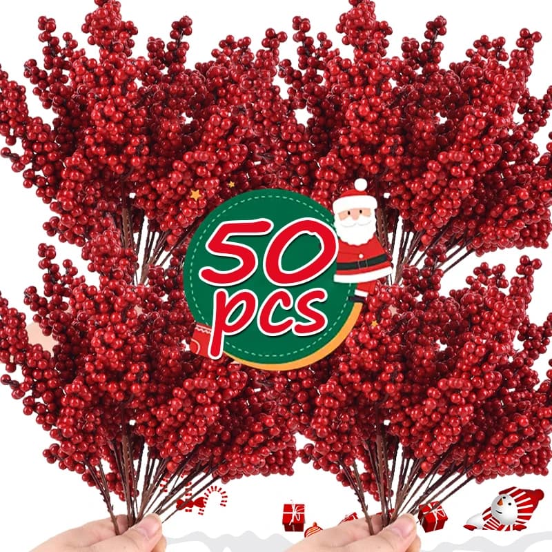 Christmas Tree Artificial Red Berry Berry Copper Fake Stame Flowers Plants for Christmas tree garlands Decorations for Holiday Home