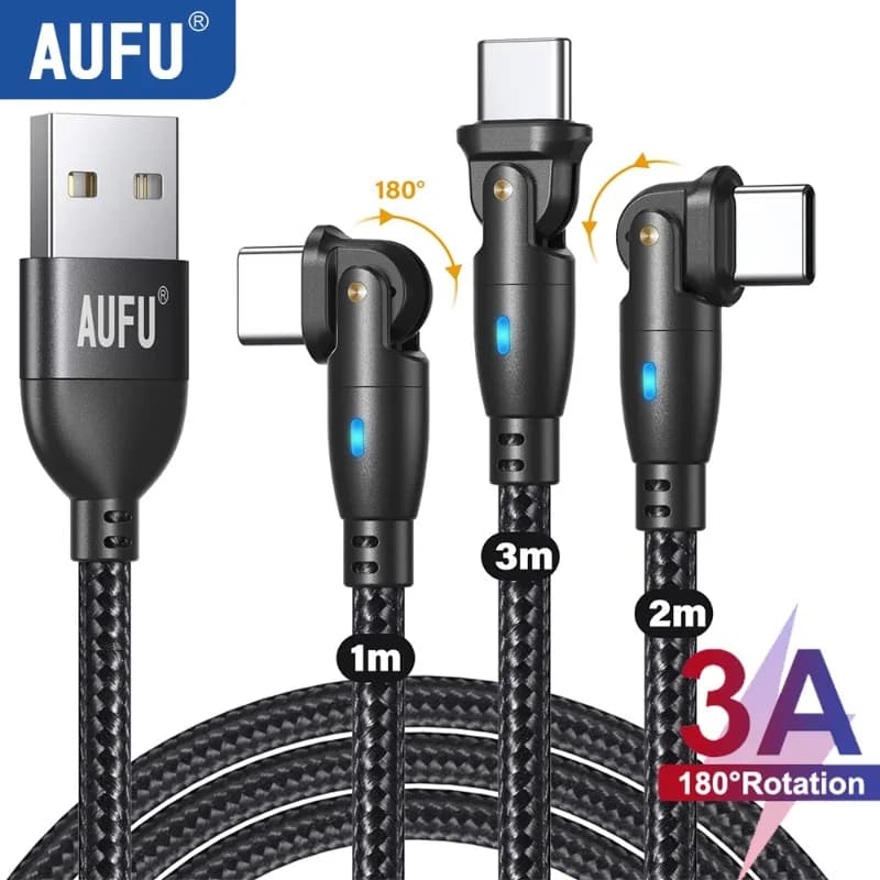 AUFU Confezione da 3 cavi USB tipo C per Realme Xiaomi Samsung 3A Ricarica rapida Cavo dati USB con rotazione a 180° 3m 2m 1m