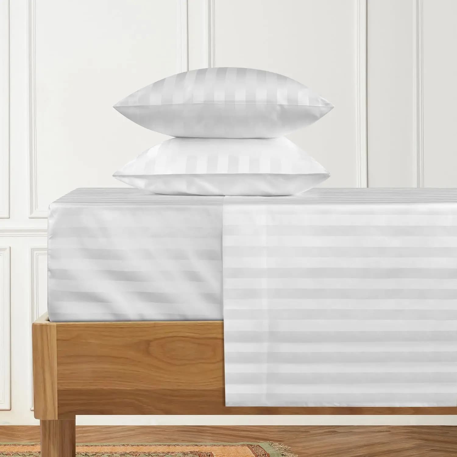Set di Lenzuola Queen Size in Cotone 100% a 1000 Fili, 4 Pezzi a Righe, Tessuto Satinato di Lusso per Hotel - Morbido e Resistente