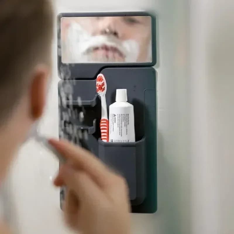Organizer per articoli da toeletta in silicone, porta spazzolino impermeabile con specchio e porta rasoio, progettato per doccia e bagno