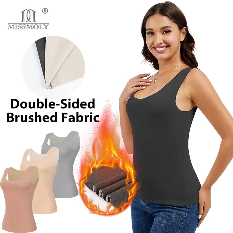 Miss Moly Women Solid Thermal Top Sleeveless Underwear Double-Layer Thickened Wide Strap Vest Soft Keep Warm Outer Wear Shirt