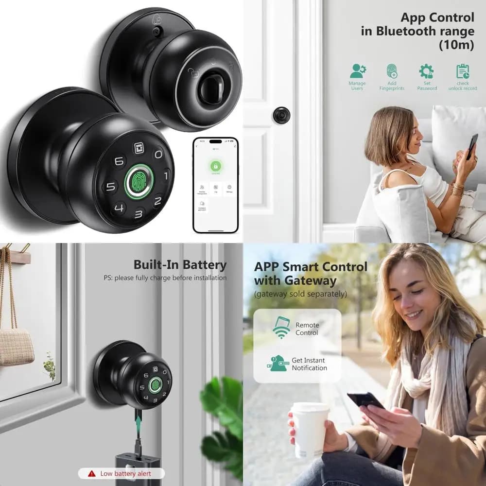 Serratura intelligente per impronte digitali per camere da letto, pomello sicuro con serratura, controllata da app, chiavi di backup incluse, accesso touchscreen