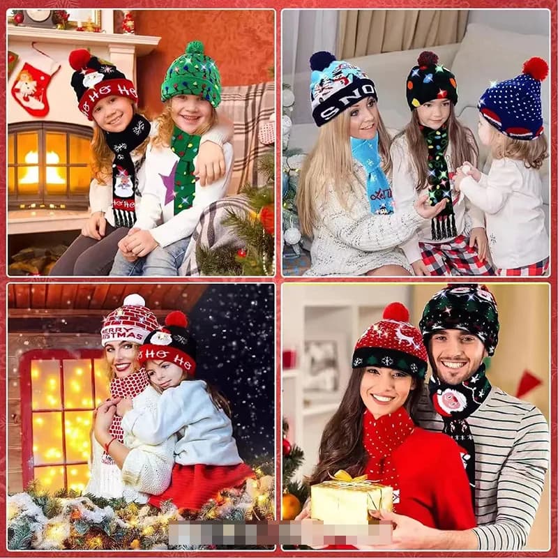 Set cappello e sciarpa natalizia in maglia, berretto festivo in lana jacquard con renna e scaldacollo abbinato