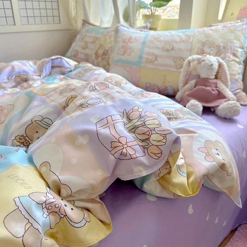 Set biancheria da letto per cani fortunati Simpatico cartone animato senza riempitivo Copripiumino doppio full size Lenzuolo piatto Federa Moda Ragazze Ragazzi Nuova biancheria da letto