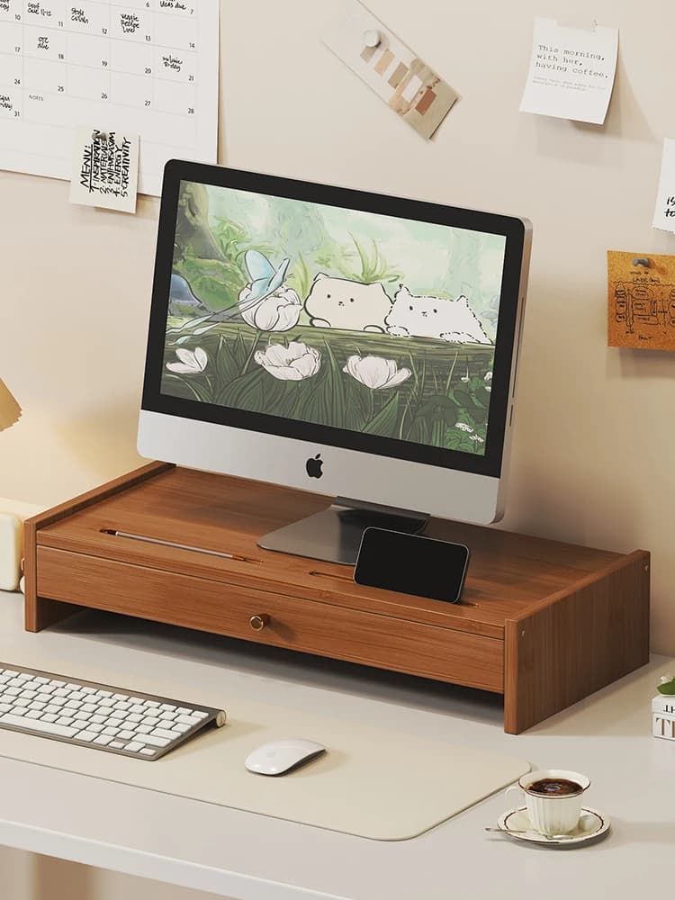 Elevated Desktop Monitor Stand Desk Organizer Modern Simplici Bamboo Densi Board Material Office Desk Storage Ra
