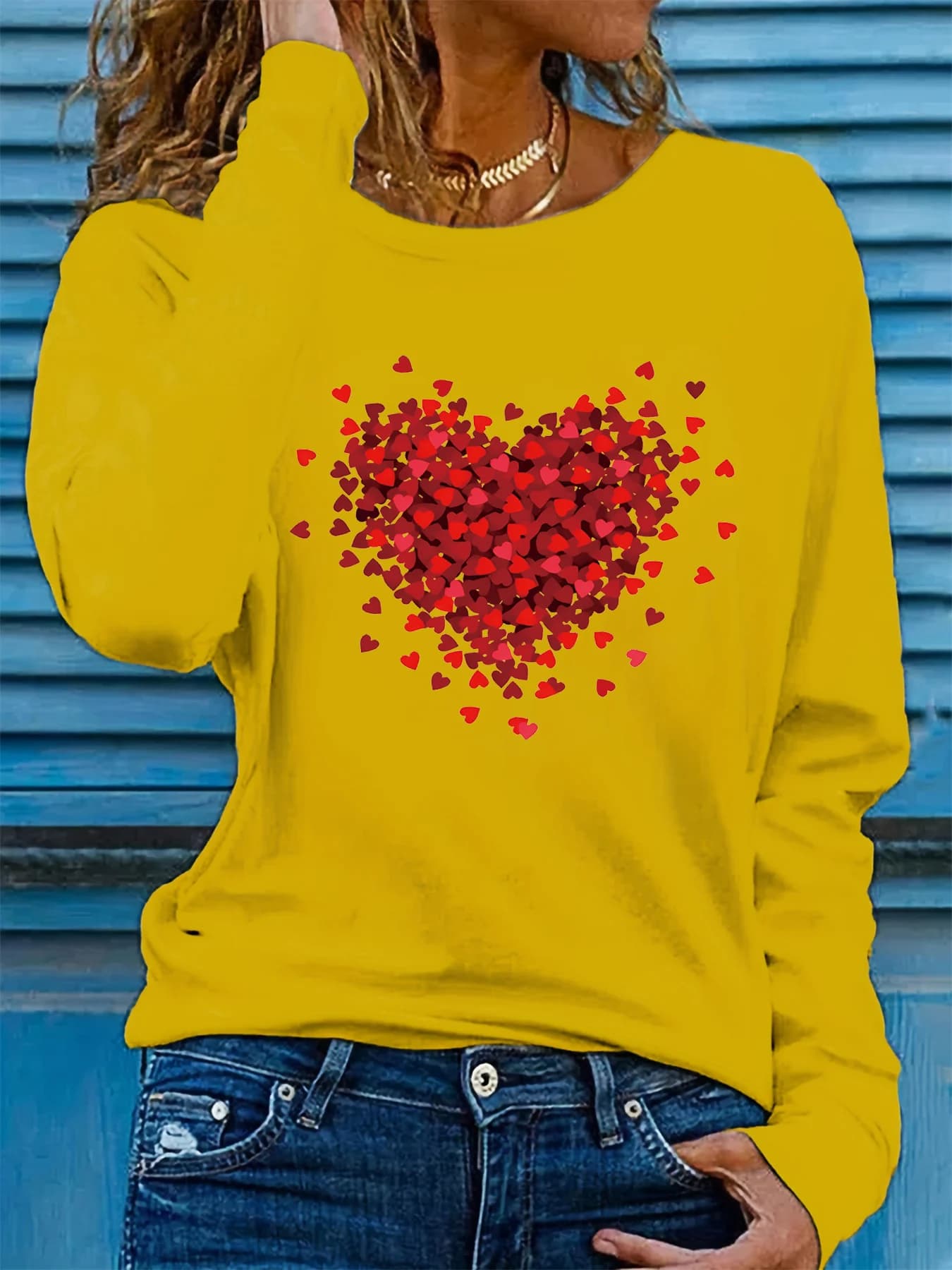 100% pure cotton women's spring and autumn loose casual heart-shaped graphic printed long sleeved round neck T-shirt