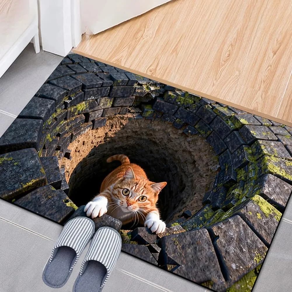 3D optical illusion mat, new carpet with 3D hole, which looks like a hole, anti-slip tirbino for decorative tirbino for indoor and outdoor entrance