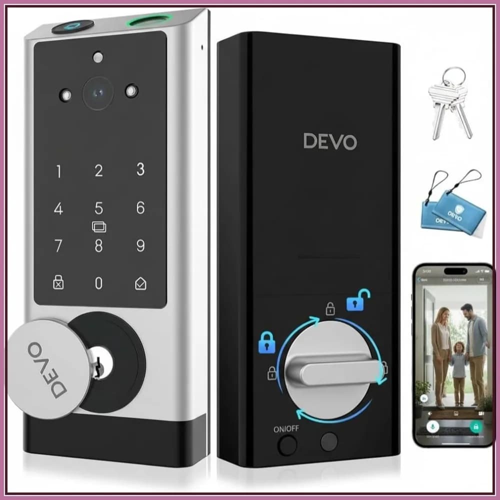 Serratura Intelligente 6-in-1 con Telecamera e Campanello, Serratura Wi-Fi per Porta d'Ingresso, Chiusura Automatica con Impronta Digitale, Controllo Remoto tramite App