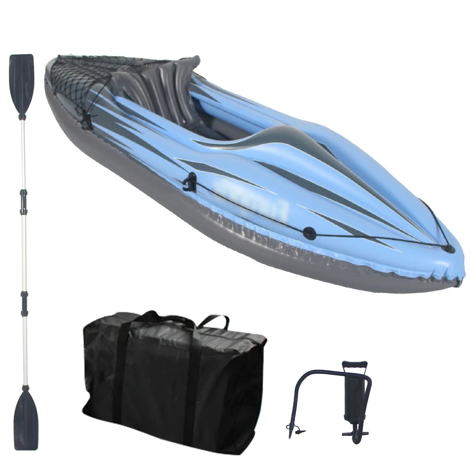 Barca da pesca gonfiabile per kayak, canoa blu per adulti per 1 persona, con pagaie, borsa, sedili, pompa ad alto rendimento, pinna, per laghi e fiumi