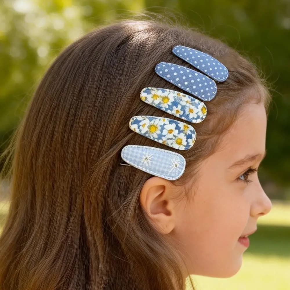 6 Pcs/Set Lovely 2inch Hair Clips Handmade Floral Print Snap Clips Lace Embroidery Cotton Plaid Barrettes for Girl