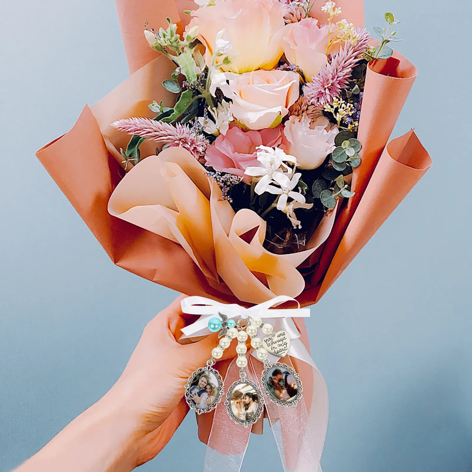 Set di 1 ciondolo a forma di cuore con perle per bouquet da sposa, ciondoli per foto fai da te, ciondoli per cornici commemorative, accessori per braccialetti