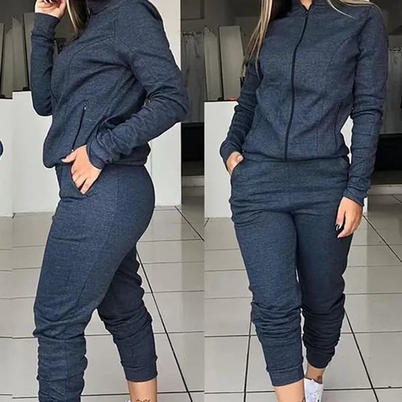 Women Pant Sets Pocket Long Pants Solid Casual Spliced Zipper Stand Collar Coats Full Sleeve Jackets Outwear Lady Suits 2025