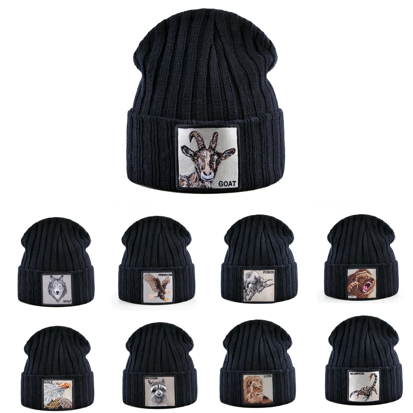 Cappello a cuffia nero unisex con animali ricamati con toppa lavorata a maglia con teschio per uomo donna per cappelli a cuffia streetwear autunno inverno
