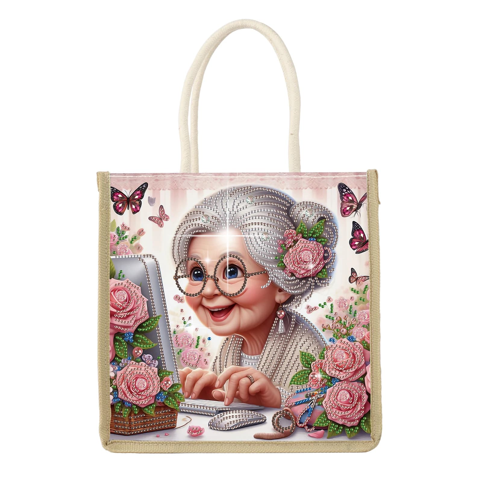 Kit of artistic painting bags with diamonds, art bag on canvas with diamonds in special shape of happy grandmother, shopping bag, handmade gift