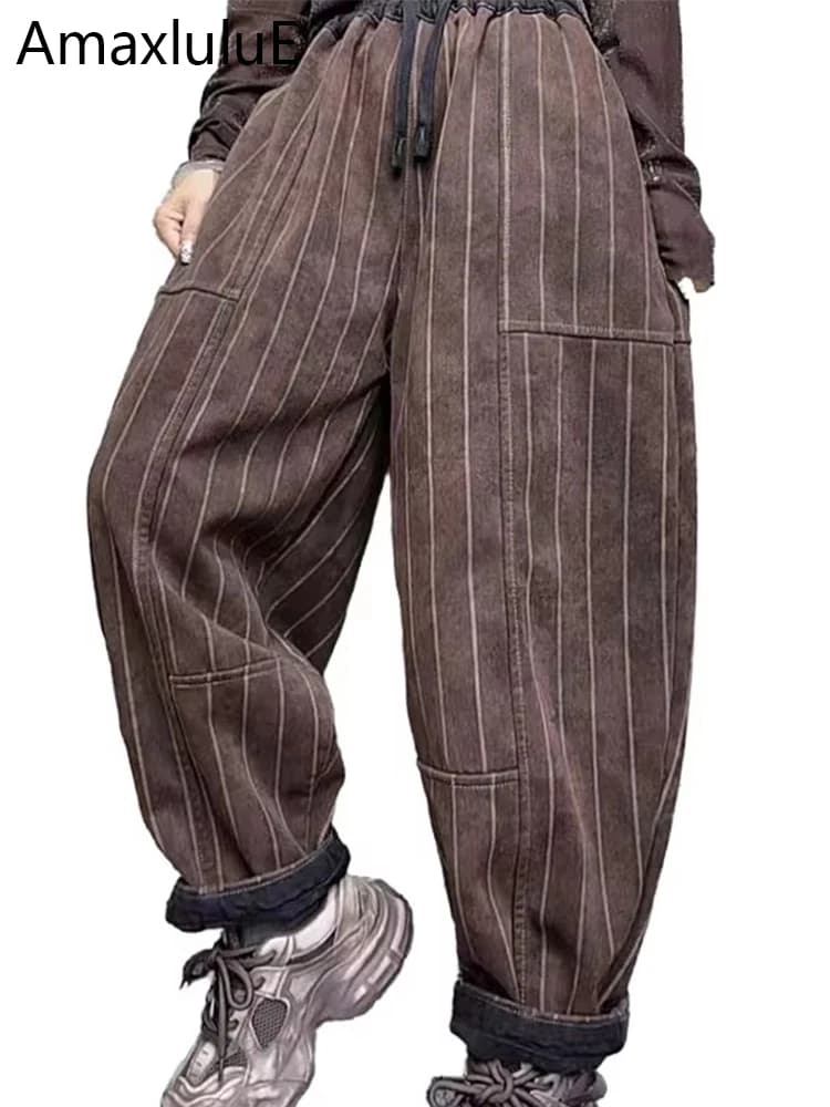 Amax luluE Pantaloni Harem a righe in pelliccia invernale moda donna Pantaloni larghi vintage di lusso addensati in denim Jeans casual da donna di grandi dimensioni