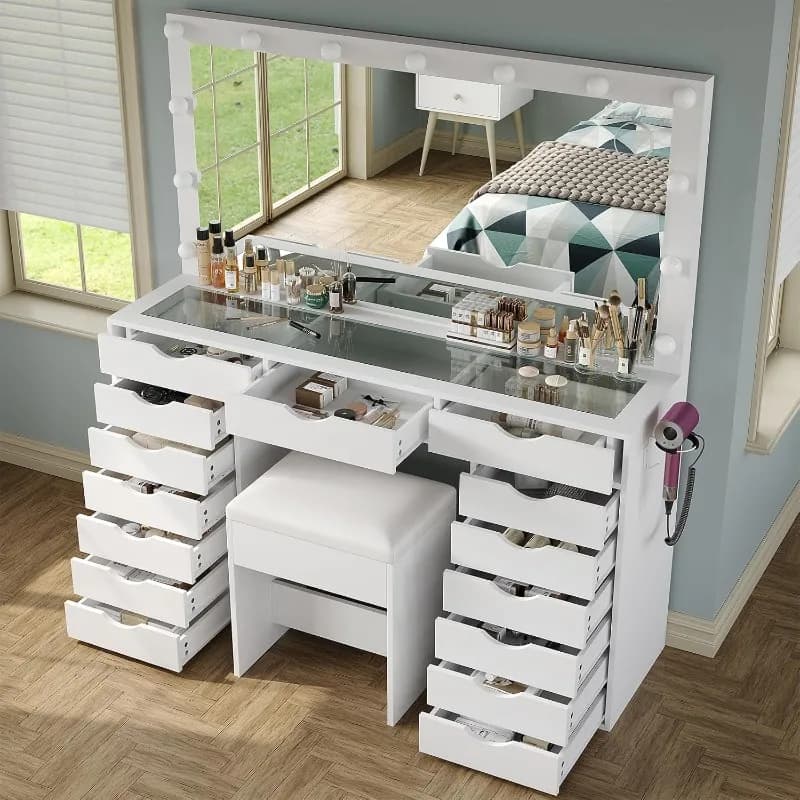 Yanosaku Vanity Desk with Mirror and Lights,Makeup Table with Charging Station,3 Color Lighting Modes, 15 Drawers Dressing Table