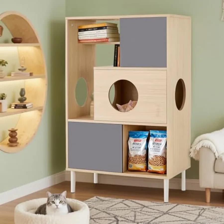 Libreria Moderna 2 in 1 per Gatti con Contenitore per Lettiera, Scaffali per Arrampicata e Vano Nascosto