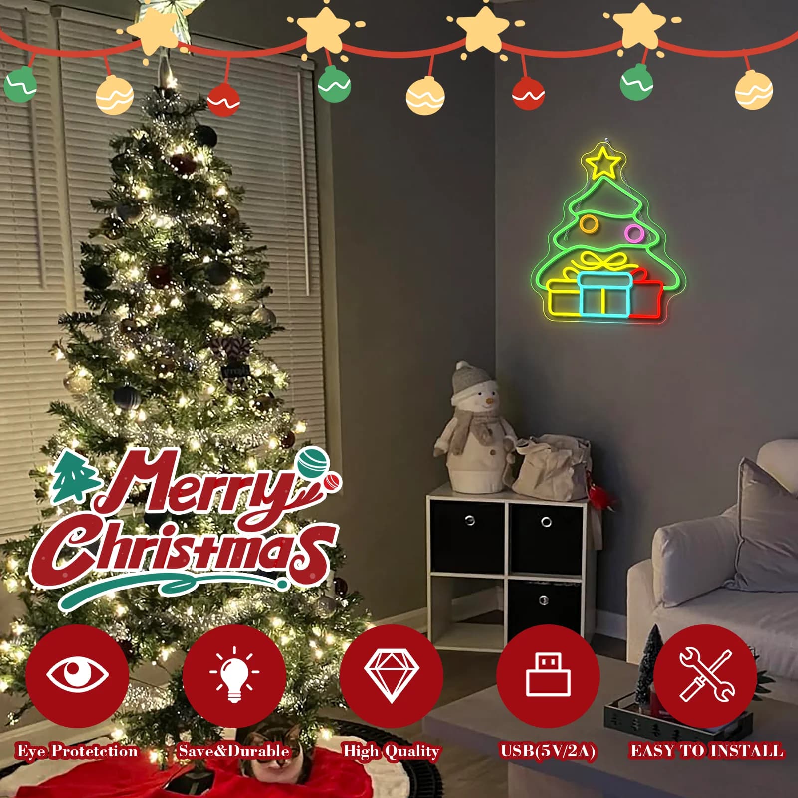 Confezione regalo con insegna al neon per albero di Natale, insegna luminosa dimmerabile, decorazione da parete per la festa di Natale, regalo per bambini, casa invernale