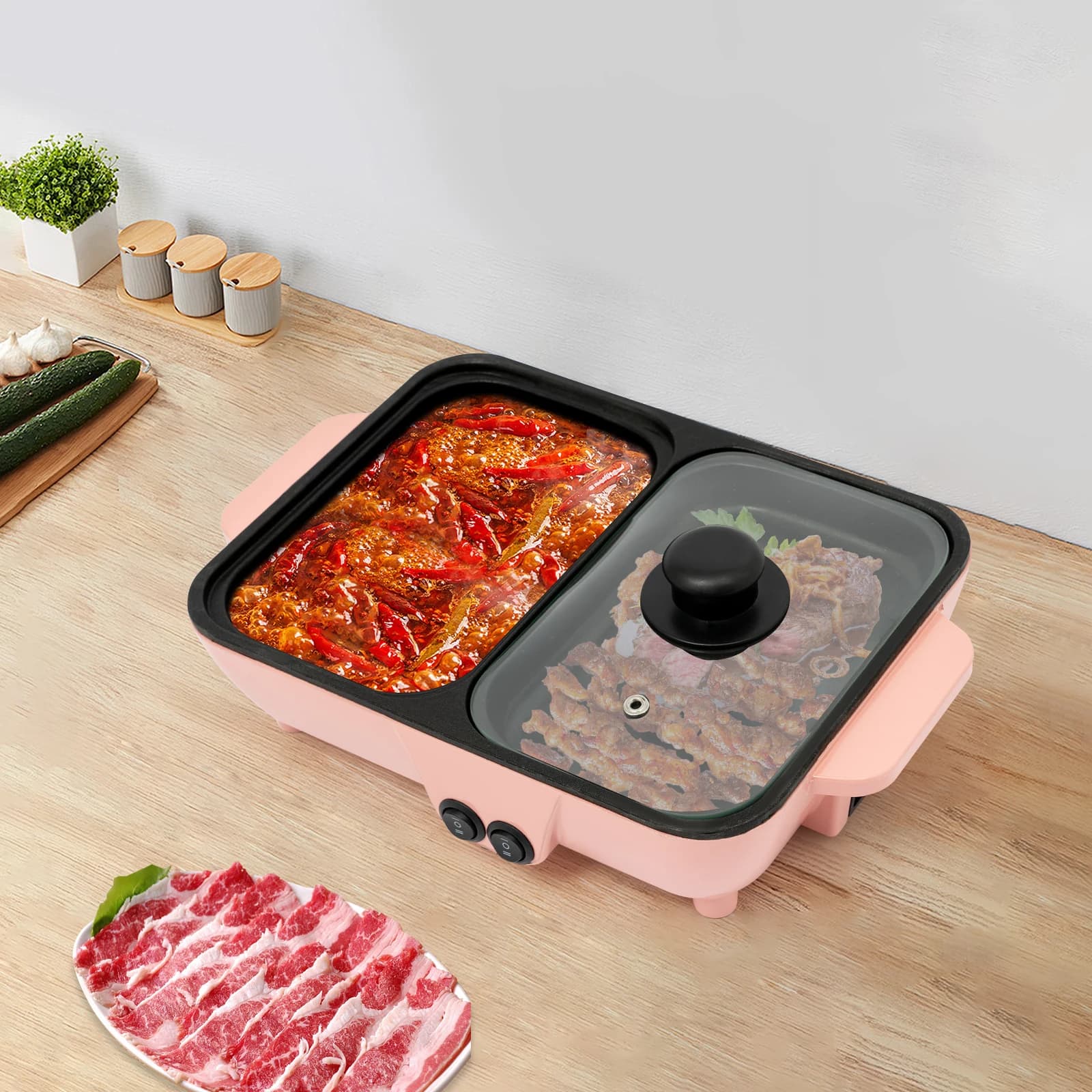 Pentola elettrica e padella 2-in-1 da 600W+600W, pentola elettrica da tavolo con coperchio e maniglia portatile, padella antiaderente da 110V per 1-4 persone, per bollire e friggere