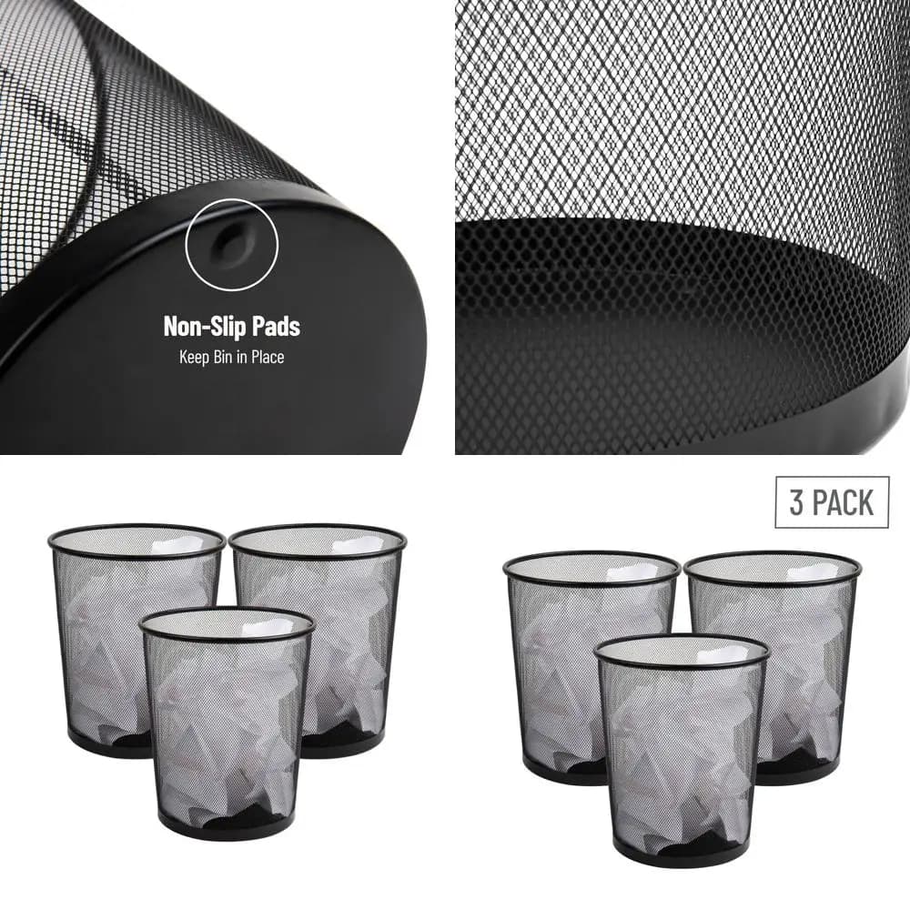 Set di 3 cestelli per rifiuti in rete metallica nera, 11,5 L x 11,5 L x 13,75 A, per ufficio