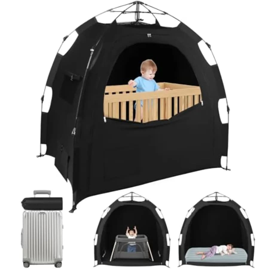 Blackout Tent for Pack N Play: Portable Baby Sleep Pod with 1-Click Setup, Mini Crib Cover with Monitor and Fan Pouches, Blocks