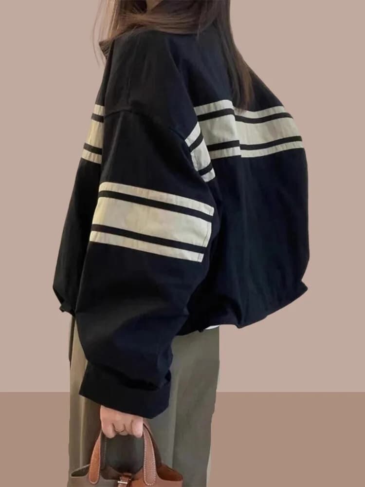 Women's Baseball Jacket Short Casual Loose Fit Spring Autumn Fashion College Style Zipper Closure Long Sleeve No Cap