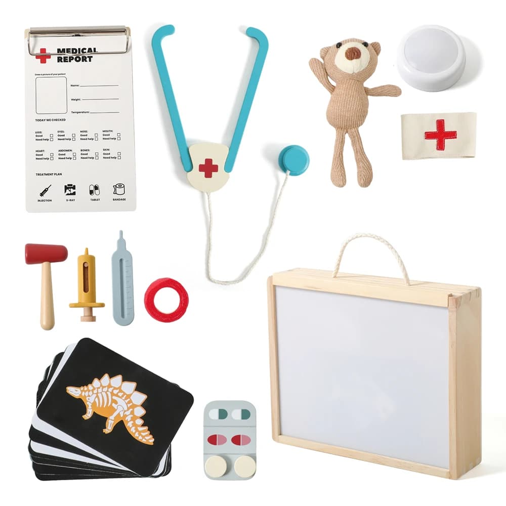 Kit Gioco di Ruolo Dottore per Bambini con Tavolo Radiografico Luminoso, Scatola in Legno, Strumenti in Silicone, Stetoscopio, Termometro, Orsetto di Peluche, Giocattoli Medici