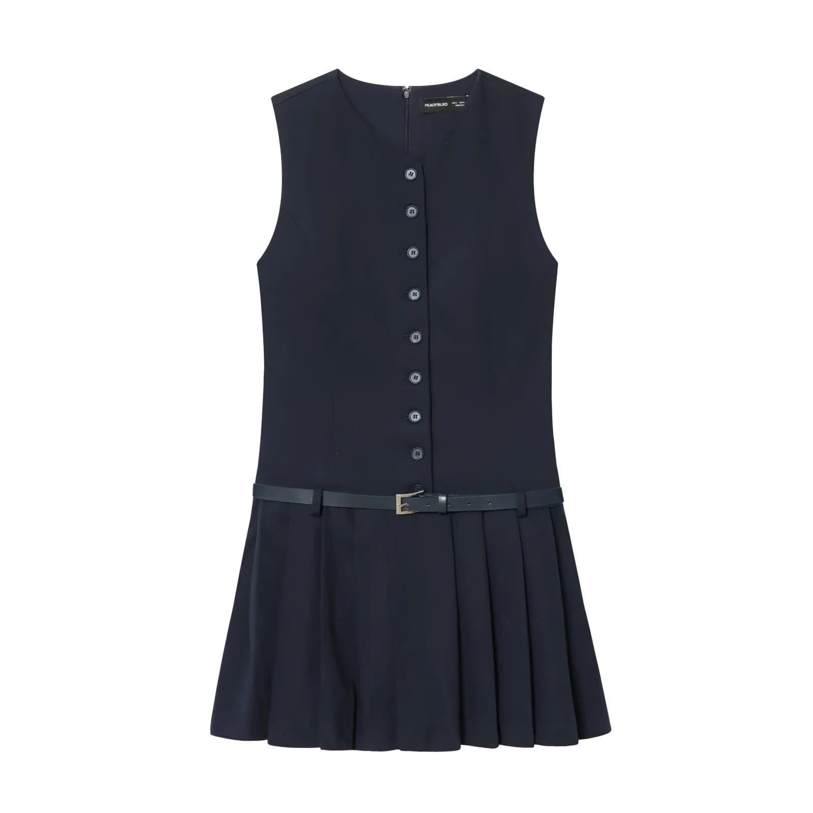 European and American style spring new women's short V-neck belt buckle low waist pleated suit dress