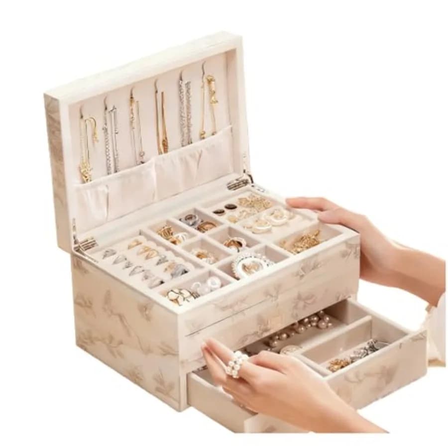 Organizzatore di gioielli in vetro per donna Portagioie grande a 3 strati in stile vintage con ganci per collane e rotoli di anelli regalo con fodera in velluto