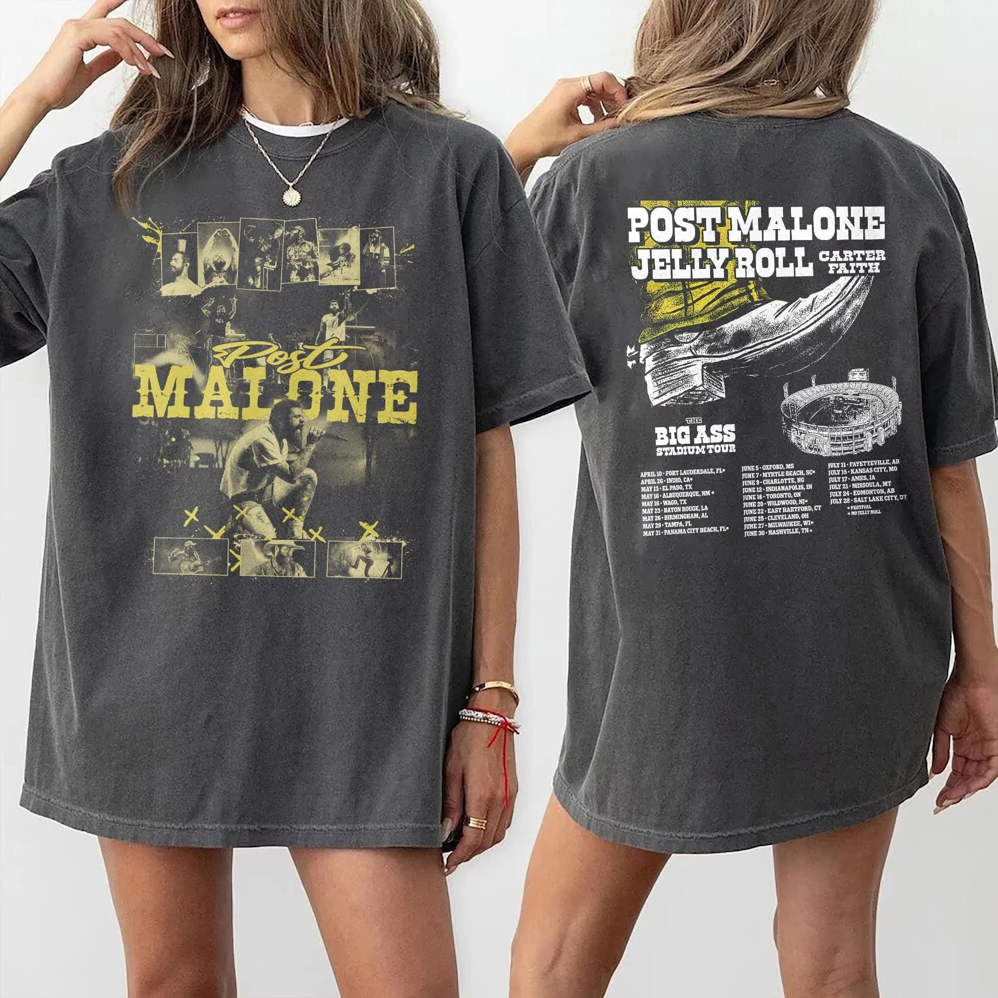 T-shirt 2026 "Super Stadium Tour", T-shirt reversibile da concerto Post Malone Jelly Roll, Maglietta streetwear in puro cotone per coppia