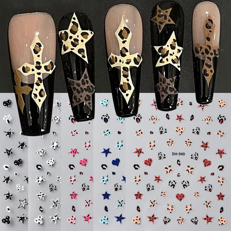 5 pezzi adesivi per unghie con stampa leopardata marrone blu rosa stelle leopardo cursori autoadesivi per unghie cuore leopardo Y2K decorazione per unghie artistiche