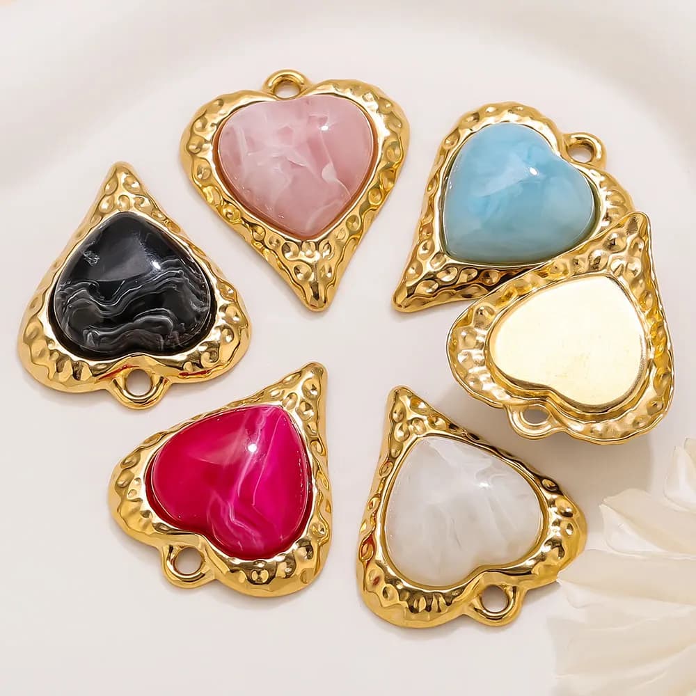 2 ciondoli a forma di cuore in pietra naturale in acciaio inossidabile, accessori pendenti dorati per orecchini fai da te, collane, risultati di creazione di gioielli