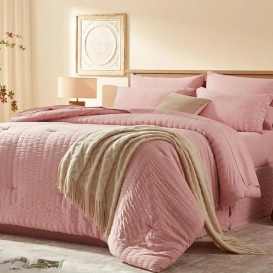 Set Copripiumino Matrimoniale 5 Pezzi Rosa Seersucker, Set Completo per Letto Singolo, Set Biancheria da Letto di Lusso per Tutte le Stagioni con Copripiumino, Lenzuola e Cuscini