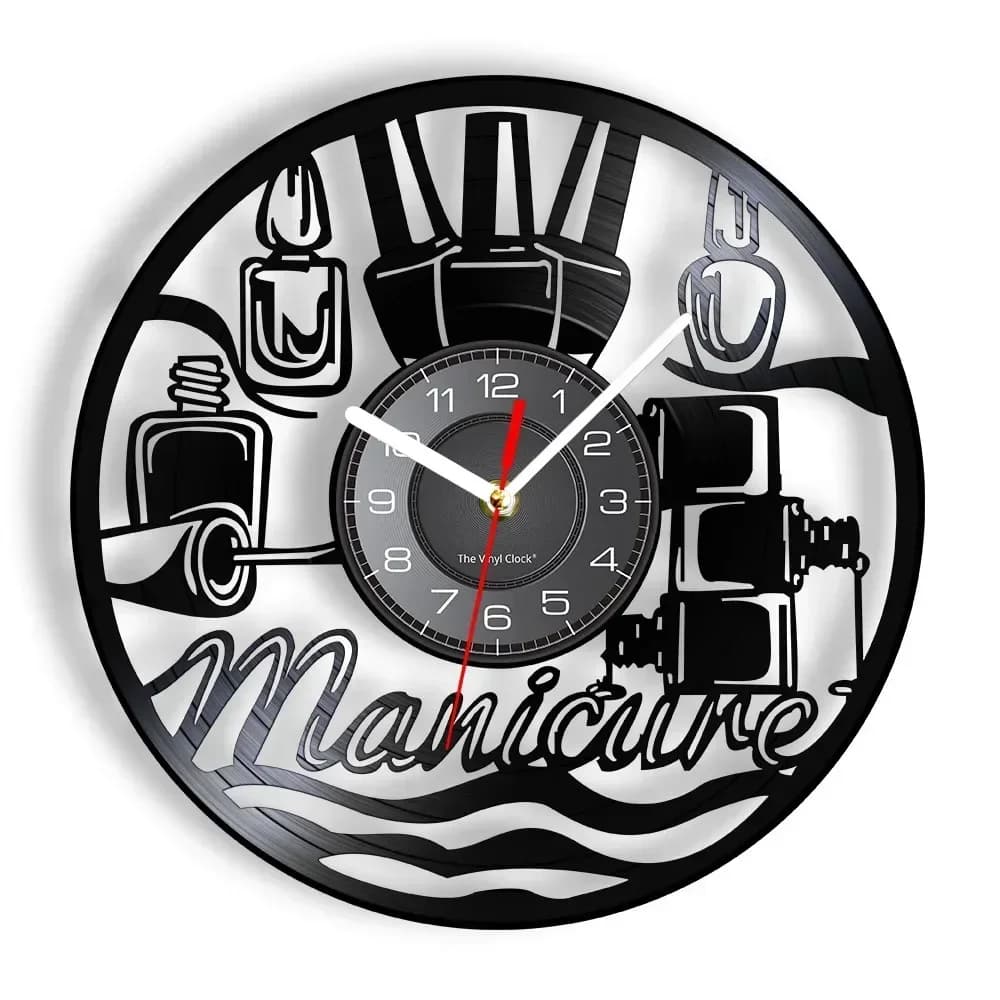 Manicure Design Wall Clock Fashion Beauty Store Wall Art Nail Salon Vinyl Record Wall Clock Nail Beauty Home Decor Gift for Her