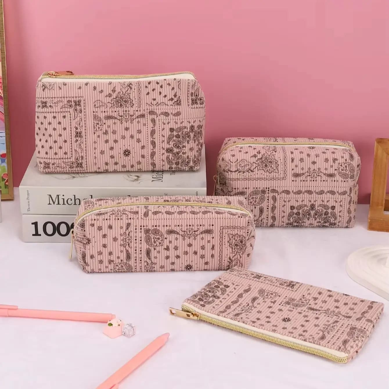 Boho Paisley Print Corduroy Organizer Pouches, Multi-Style Cosmetic & Stationery Bags Set - KOUZIO