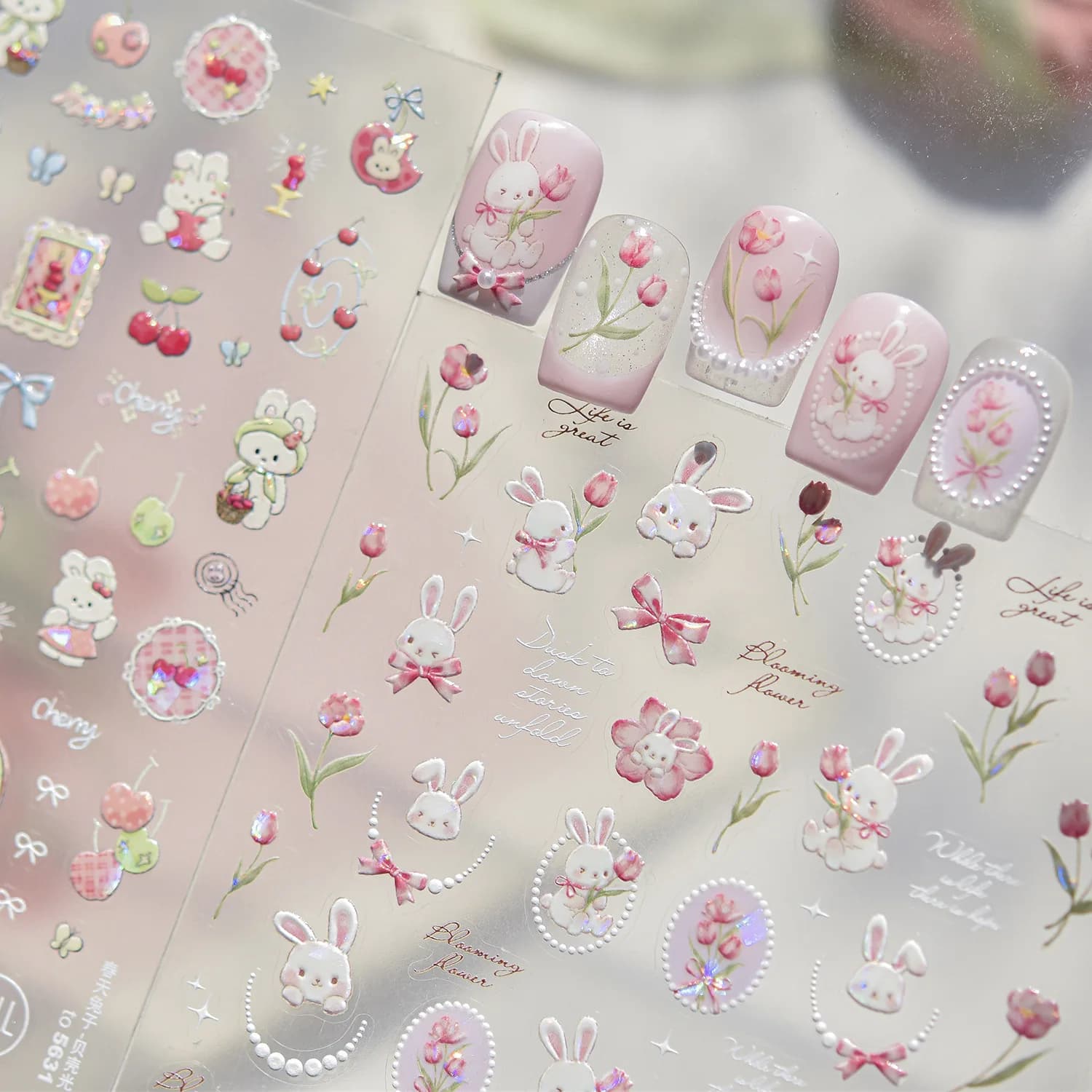 Spring Rabbit Nail Art Stickers 5D Shell Light Nails Decorations Stickers Sweet Fruits Cherry Bow Tulip Back Glue Manicure Decal