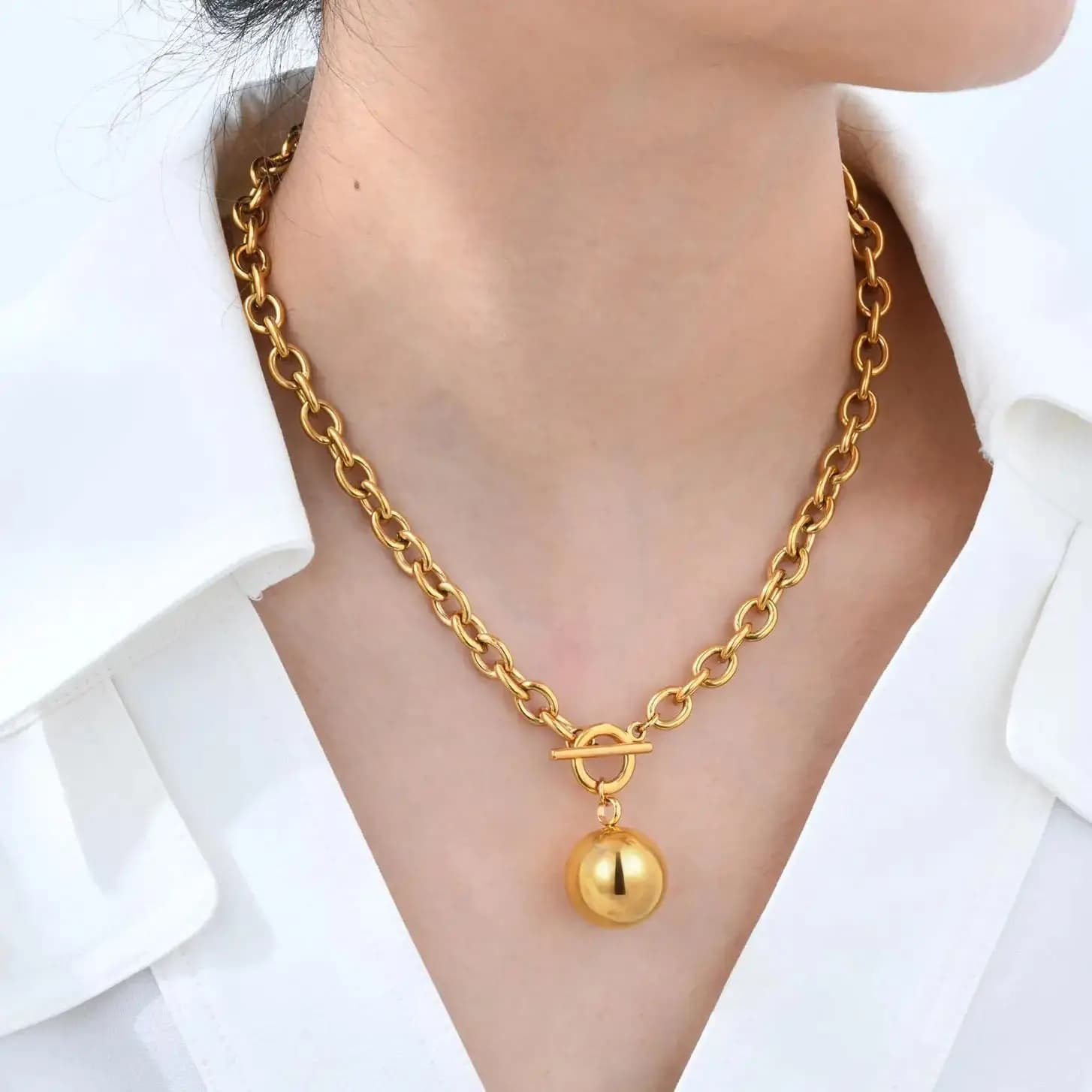 Collana con lucchetto OT a catena Rolo rotonda da 8 mm per donna, collane con ciondolo a sfera grande in acciaio inossidabile, gioielli di moda, regalo per la festa della mamma